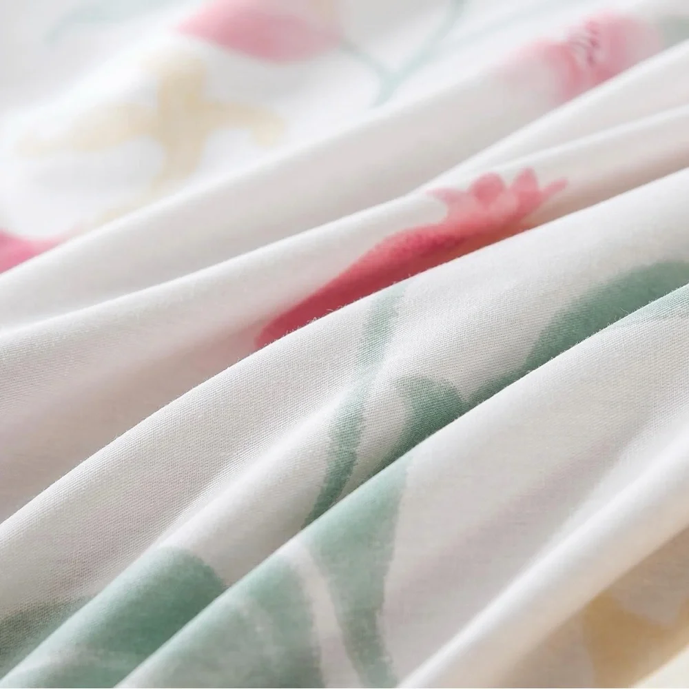 Floral Watercolor Cotton Duvet Cover Set in Pink and Green - Unbranded